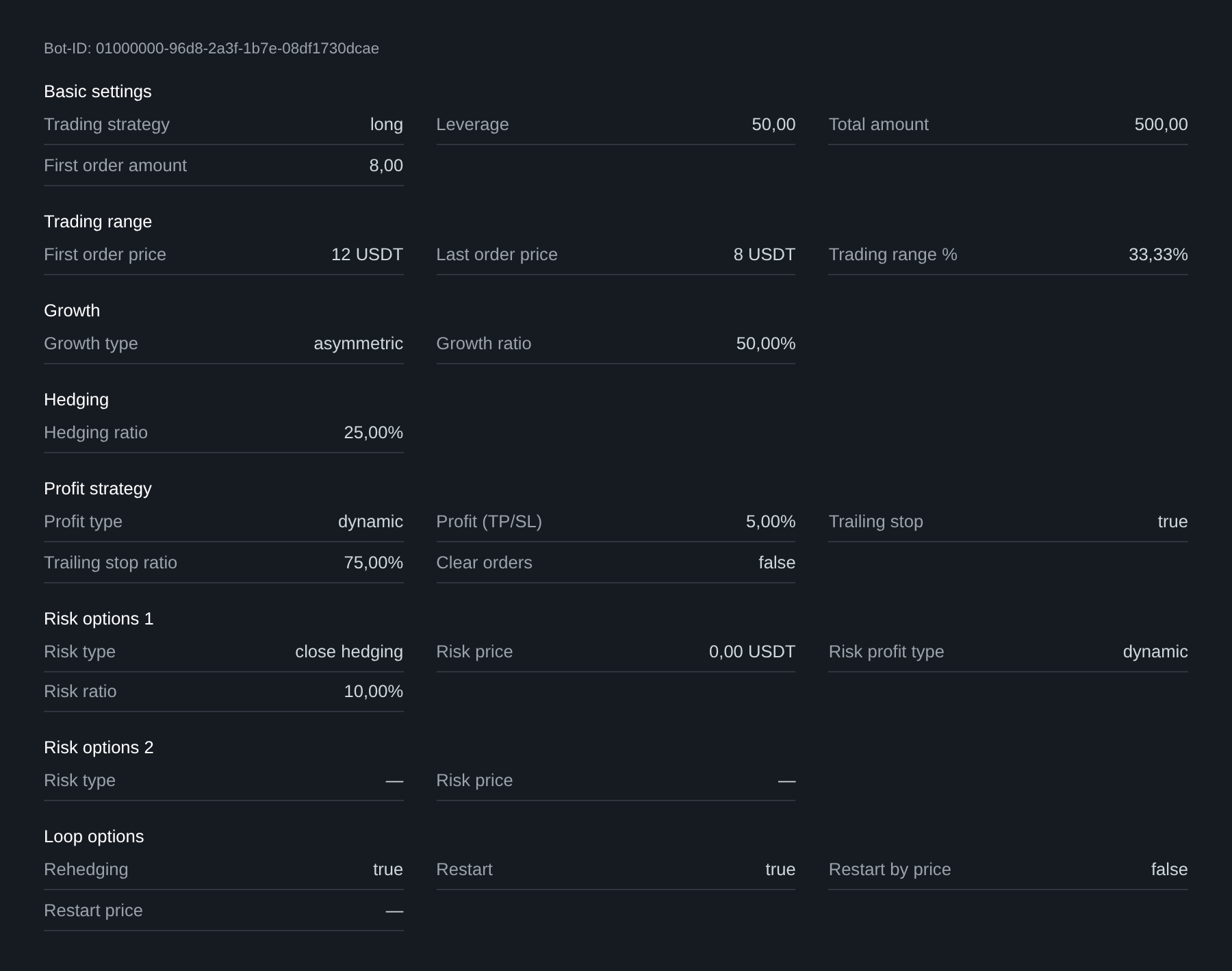 Einstellungen eines Futures-Bots in der Portfolio-Ansicht